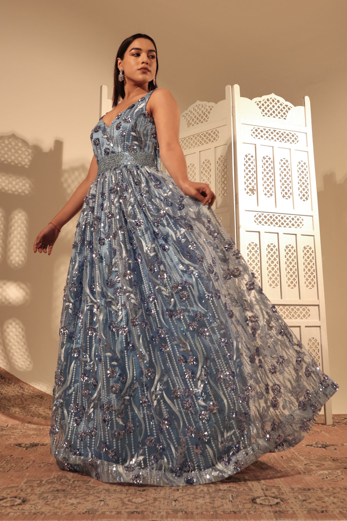 Blue Net Embroidered Gown