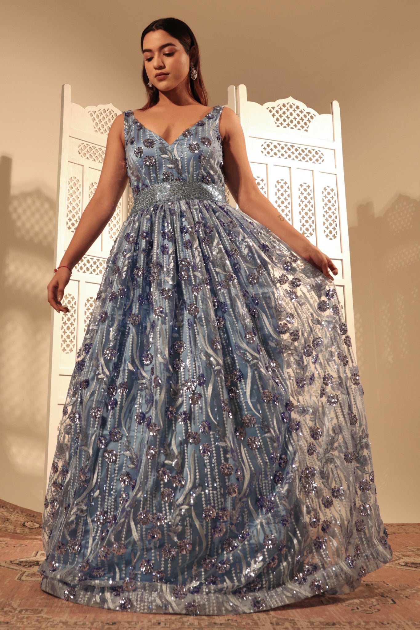 Blue Net Embroidered Gown