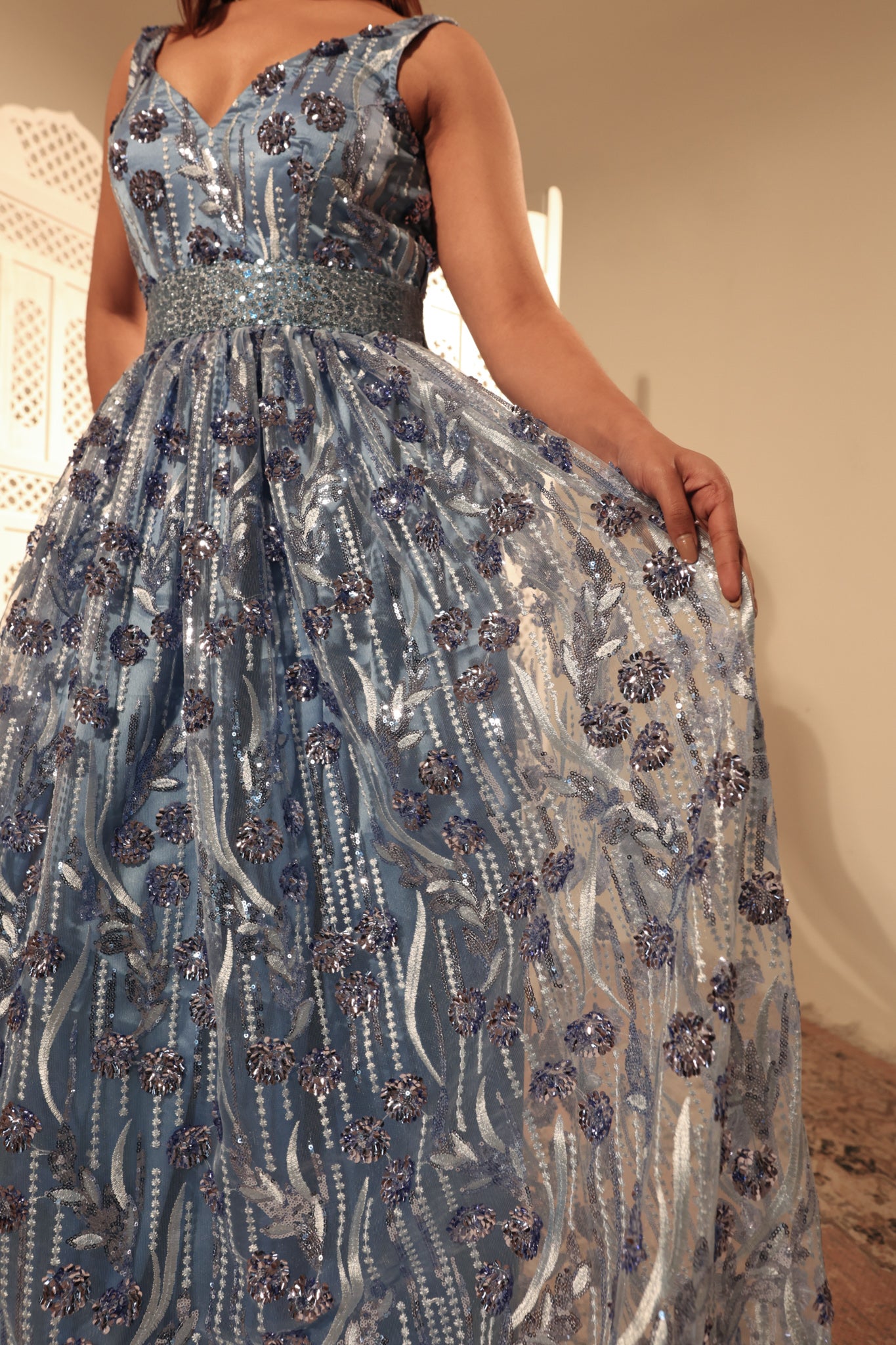 Blue Net Embroidered Gown