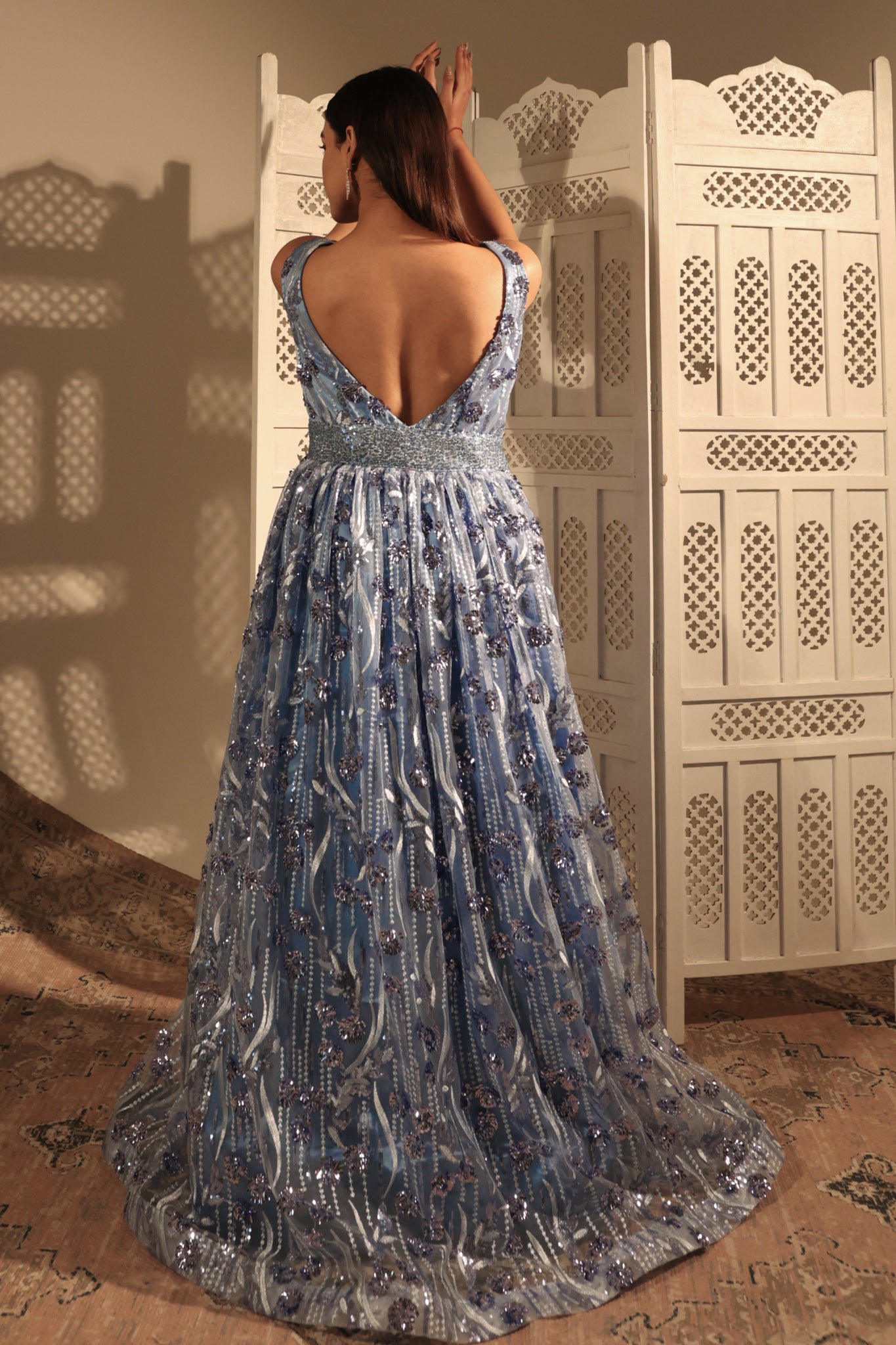 Blue Net Embroidered Gown